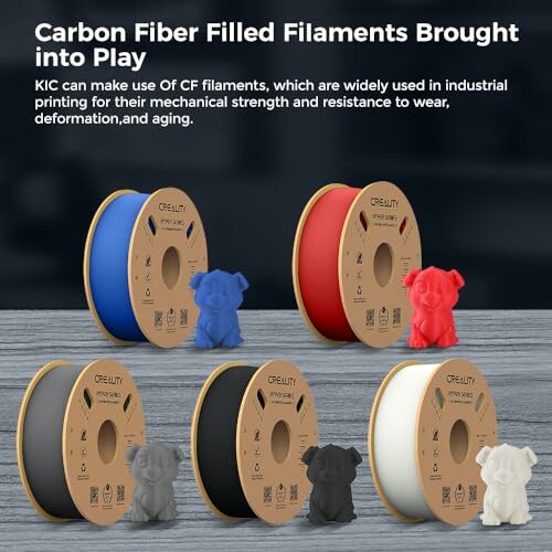 Spools of carbon fiber filaments with 3D printed dog models in various colors.