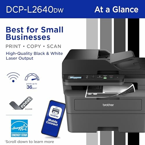 Brother DCP-L2640DW laser printer for small businesses with print, copy, scan features.