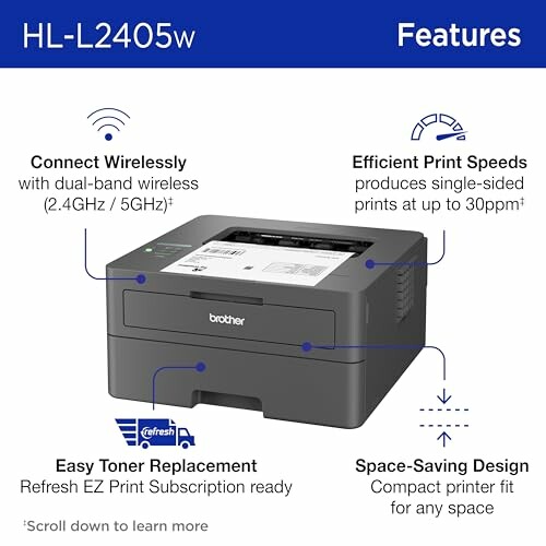 Brother printer HL-L2405w features wireless connectivity, efficient print speeds up to 30ppm, easy toner replacement, and compact design