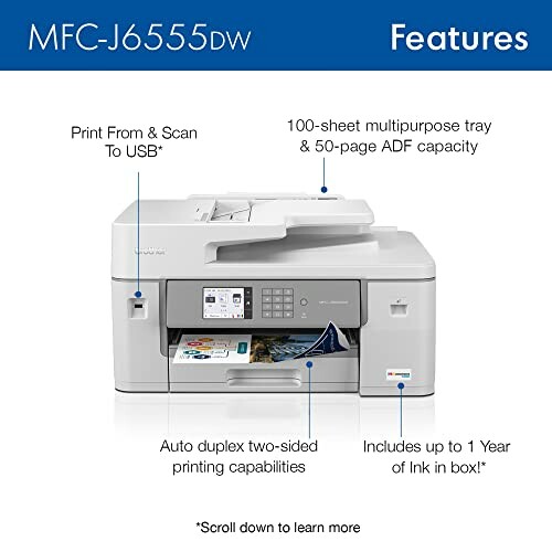 Brother MFC-J6555DW printer features with USB, duplex, ink, and tray capacity.