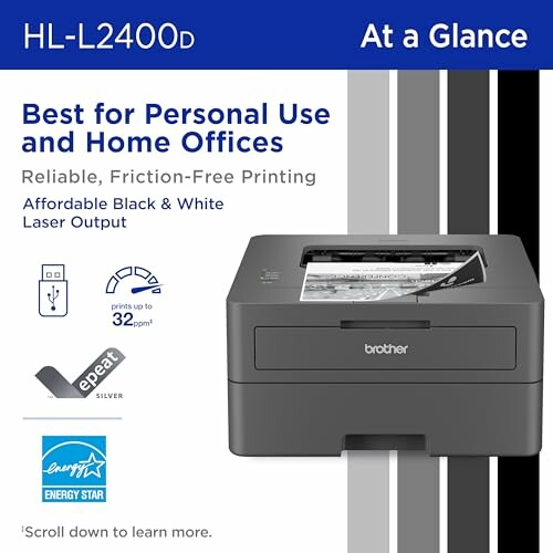 Brother HL-L2400D printer for personal and home office use, reliable black and white laser printing.