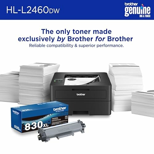 Brother printer and toner with stacks of paper.