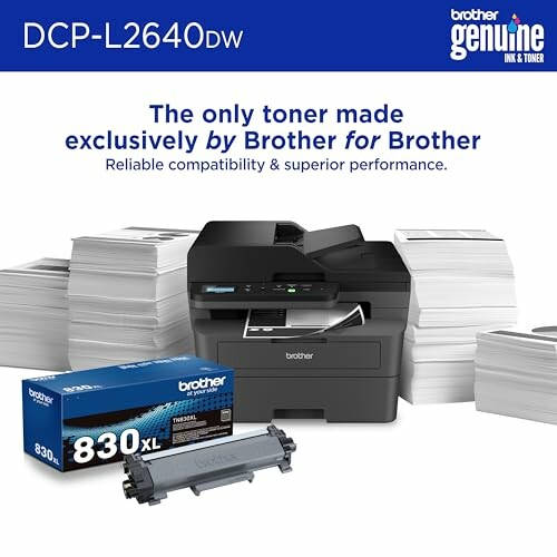 Brother printer with toner and paper stacks.