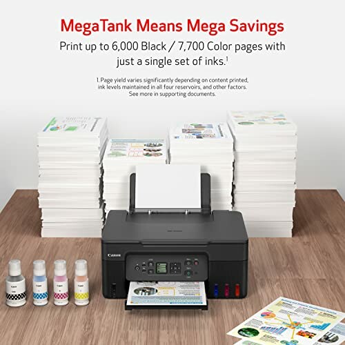 Canon MegaTank printer with stacks of printed pages and ink bottles