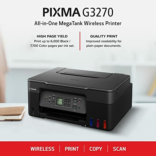 Printer with labeled features including 100-sheet tray, borderless printing, backlit LCD, and integrated ink tanks