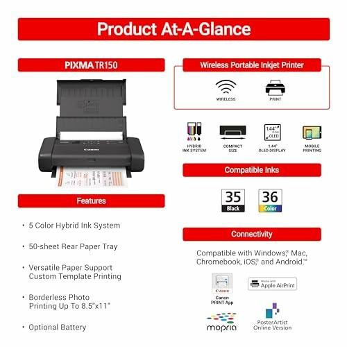 Canon PIXMA TR150 Wireless Portable Inkjet Printer features and connectivity overview.