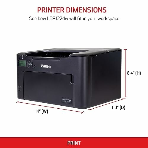 Canon printer with dimensions labeled: 14 inches wide, 11.1 inches deep, 8.4 inches high.