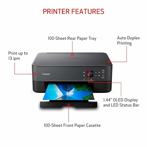 Canon printer with highlighted features including 100-sheet rear paper tray, auto duplex printing, 13 ipm print speed, OLED display, and front paper cassette.