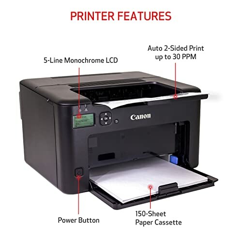 Canon printer with 5-line LCD, auto 2-sided print, 150-sheet cassette.