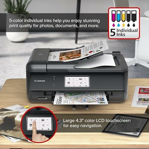 Color printer with documents and touchscreen display.