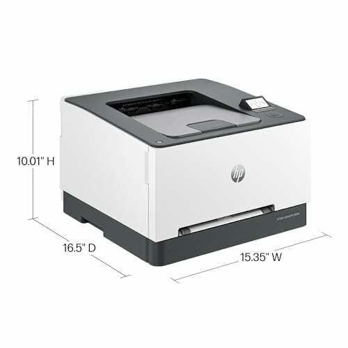 Compact laser printer with dimensions labeled.