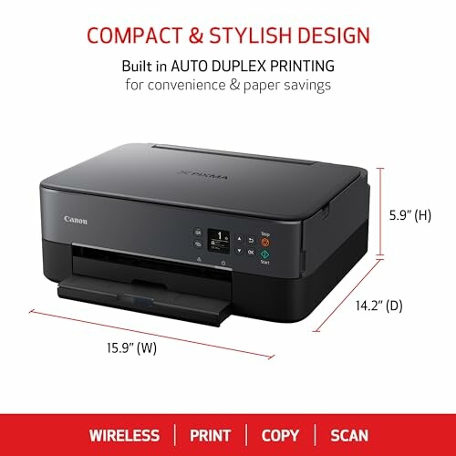 Compact printer with auto duplex printing and dimensions 15.9 inches wide, 5.9 inches high, 14.2 inches deep.