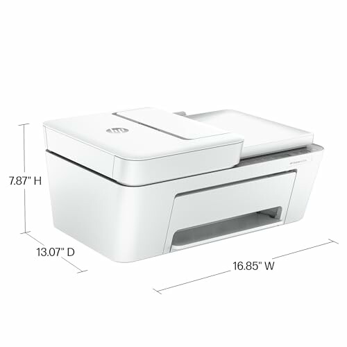 Compact white printer with dimensions labeled.