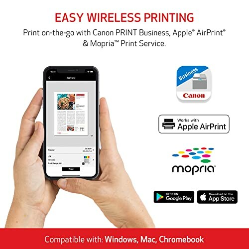 Hands holding phone showing wireless printing app, compatible with Canon PRINT, Apple AirPrint, Mopria.