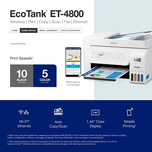 Epson EcoTank ET-4800 printer with wireless and mobile printing features.