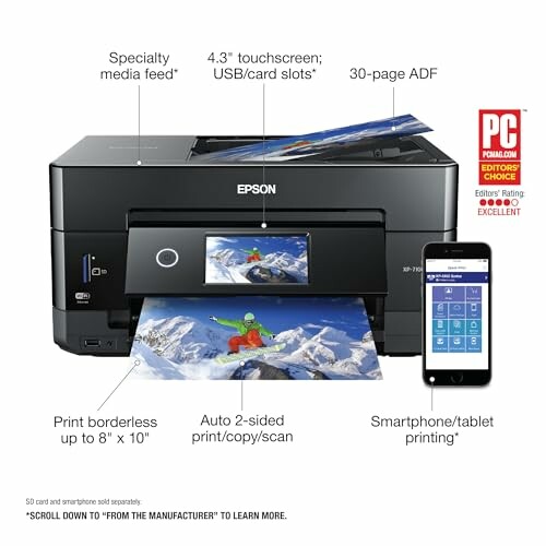 Epson printer with touchscreen, media feed, and smartphone printing