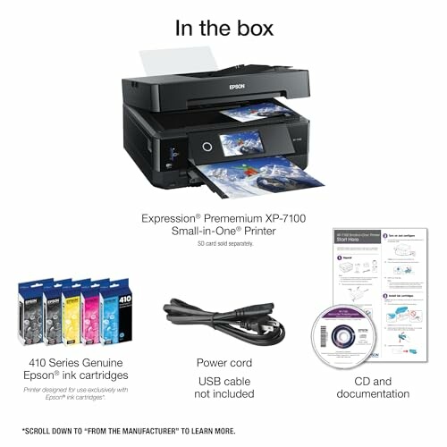 Epson XP-7100 printer package contents including printer, ink cartridges, power cord, and CD.