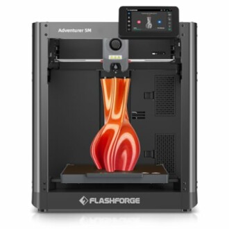 Flashforge Adventurer 5M 3D printer with red vase model.