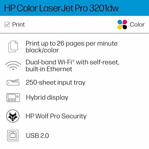 HP Color LaserJet Pro 3201dw features including print speed, dual-band Wi-Fi, 250-sheet tray, hybrid display, security, and USB 2.0.