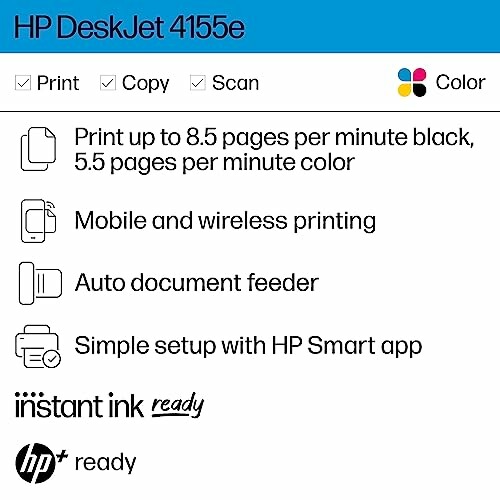 HP DeskJet 4155e features including print, copy, scan, color, mobile printing, auto feeder, and Instant Ink ready.