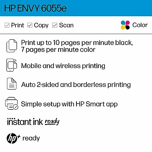 HP ENVY 6055e printer features including print, copy, scan, mobile printing, and HP Smart app setup.