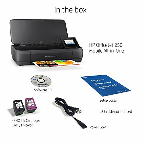 Contents of the HP OfficeJet 250 Mobile All-in-One package, including printer, software CD, ink cartridges, power cord, and setup poster.