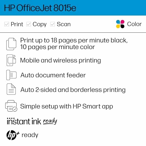 HP OfficeJet 8015e printer features list.