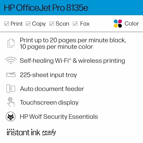 HP OfficeJet Pro 8135e features list including print, copy, scan, fax, and color options.