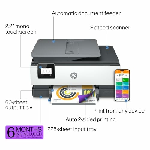 HP printer with automatic document feeder, touchscreen, flatbed scanner, and mobile printing.