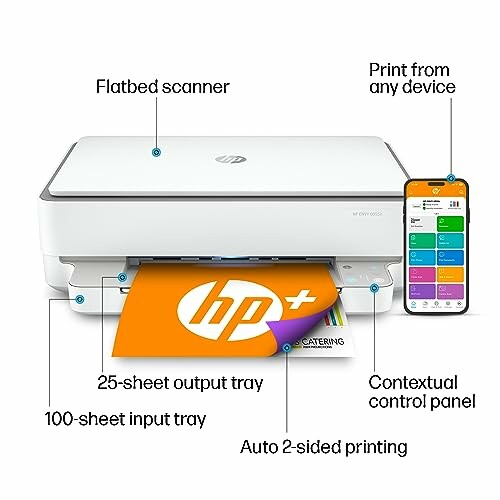 HP printer with features including flatbed scanner, mobile printing, and auto 2-sided printing.