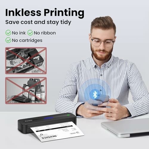 Man using smartphone with a wireless inkless printer, displaying printed invoice.