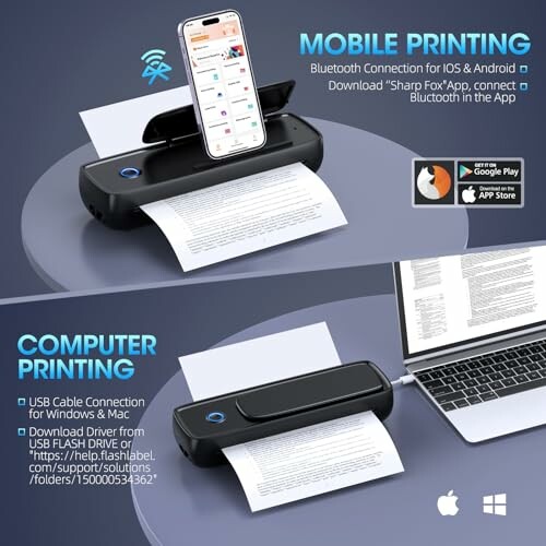 Mobile and computer printer with Bluetooth and USB connectivity.