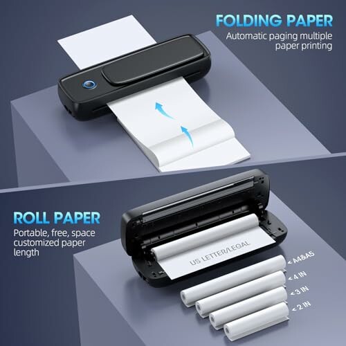 Portable paper printers with folding and roll features.