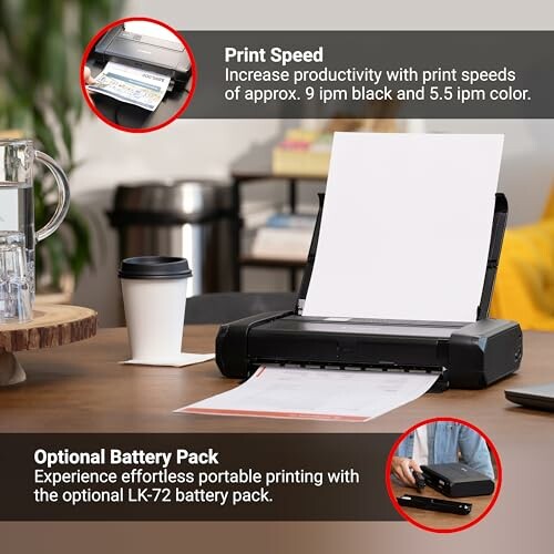 Portable printer with print speed and optional battery pack features.