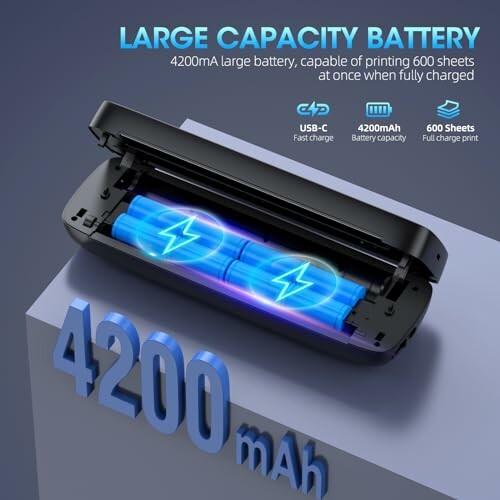 Large capacity 4200mAh battery, USB-C fast charging, capable of printing 600 sheets.