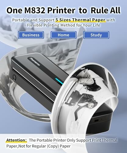 Portable printer with 5 sizes thermal paper for business, home, and study.