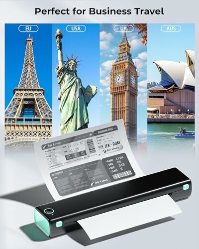 Portable printer with travel landmarks: Eiffel Tower, Statue of Liberty, Big Ben, Sydney Opera House.