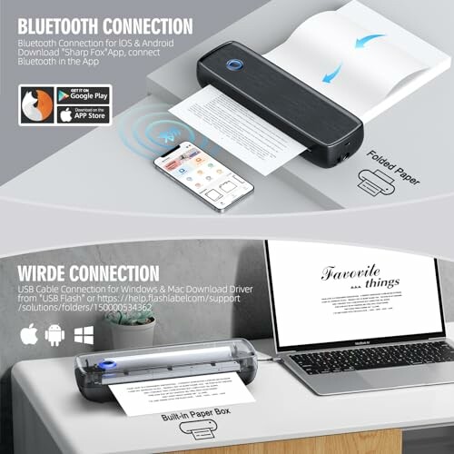 Portable printer with Bluetooth and USB connections for mobile and desktop use.