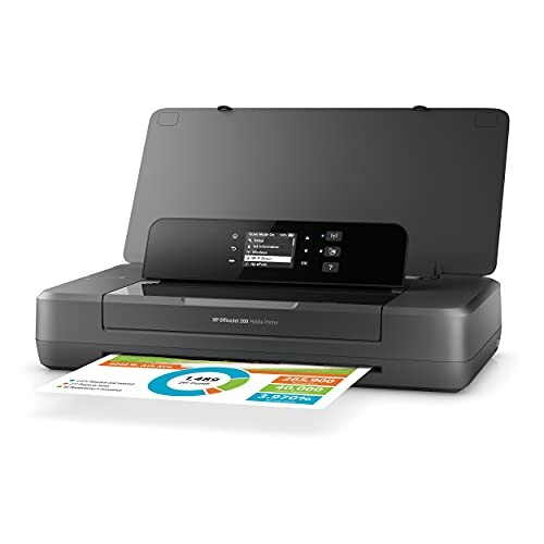 Portable wireless printer with open lid and printed color page