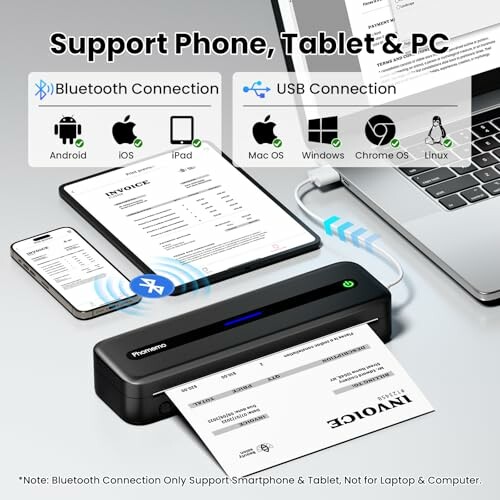 Portable wireless printer connected to phone, tablet, and PC.