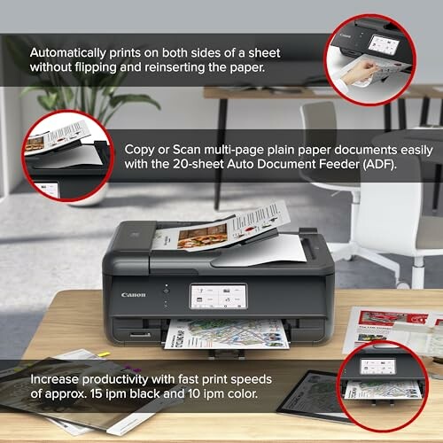 Printer with auto duplex printing, auto document feeder, and fast print speeds.