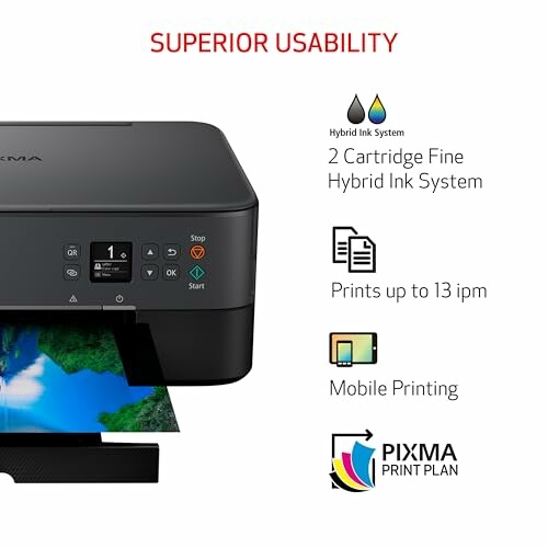 Printer with hybrid ink system, 13 ipm speed, mobile printing, PIXMA print plan.