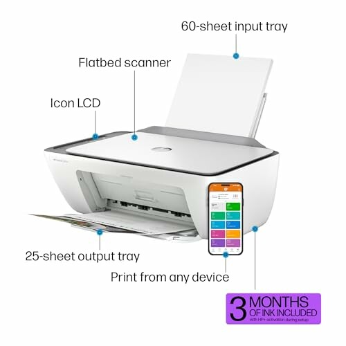 Wireless printer with scanner, input and output trays, LCD, and mobile printing.